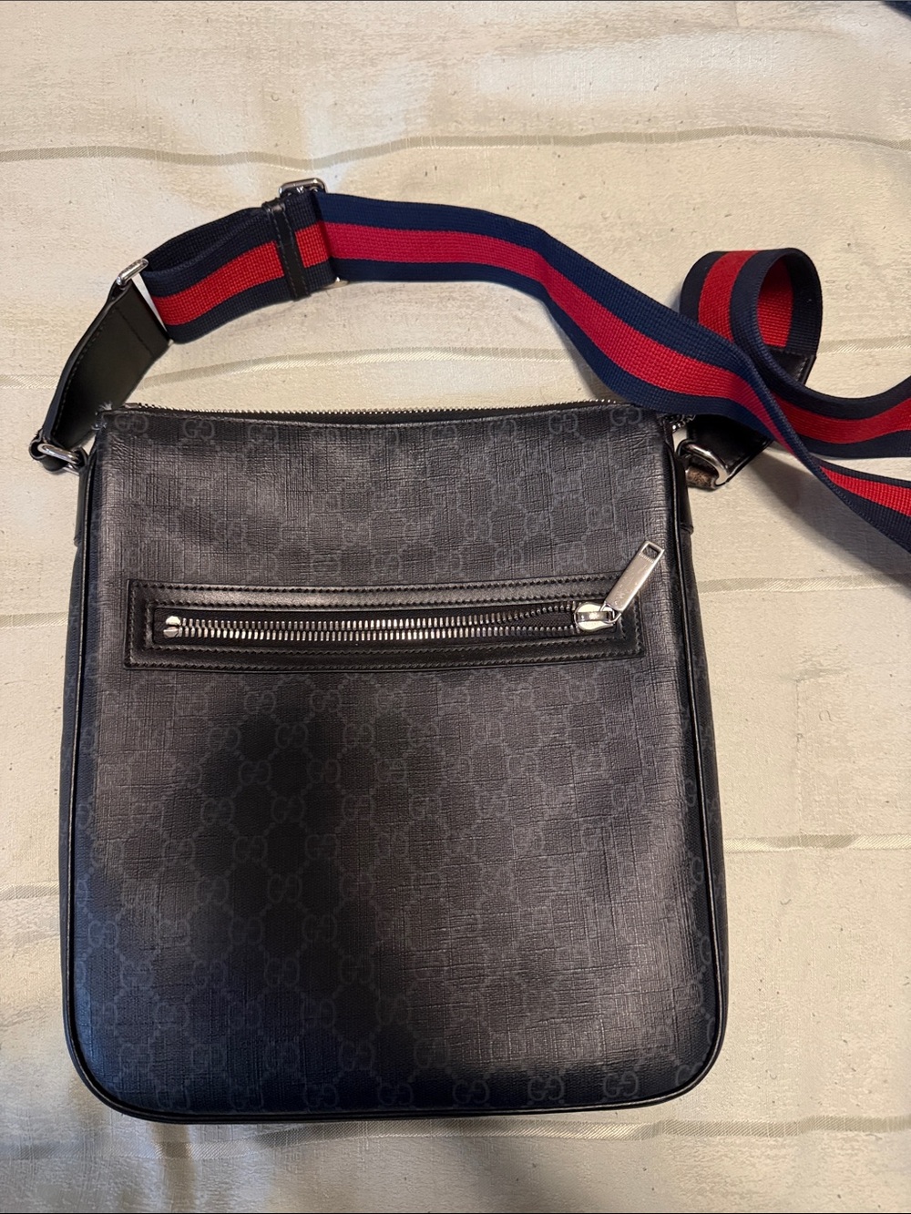 Gucci Black Monogram Messenger Bag with Navy-Red Web Strap